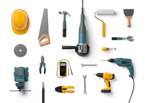 helmet, drill, angle grinder and other construction tools on a w