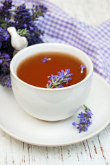 Cup of tea and lavender flowers