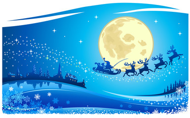 Christmas Santa Flying in the Moon Night