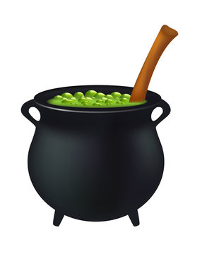 Witch cauldron with green potion, bubbling witches brew. Realistic Vector illustration isolated on white background.