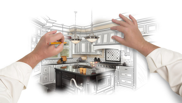 Two Male Hands Sketching Custom Kitchen with Photo Showing Through