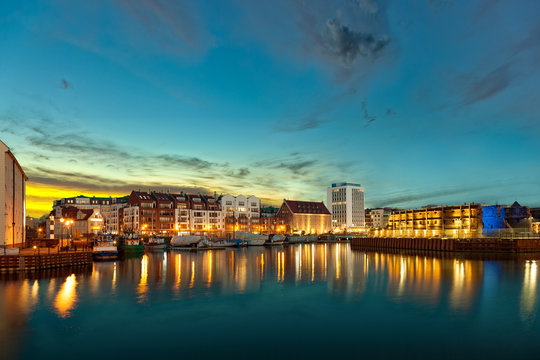 Marina at Motlawa river at sunrise in Gdansk, Poland.