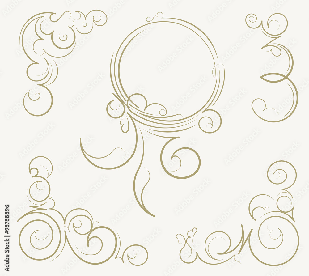 Poster set of unusual round vintage frames and decorative elements on b