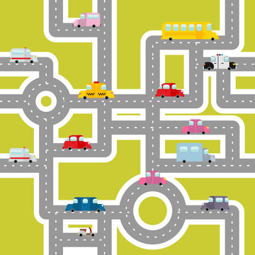 Road and transport seamless pattern. Cartoon map of cars and tra