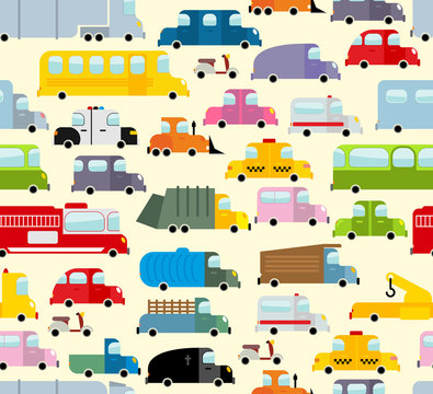 Cartoon car pattern. City traffic jam. Diverse ground Transoprt.