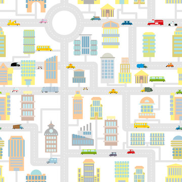 Morning city seamless pattern.  Texture Cartoon cute map for bab
