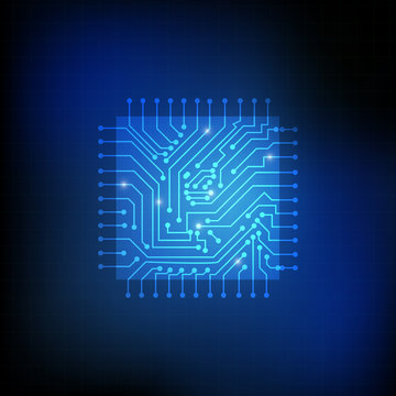 Vector : Square chip and electronic circuit on blue background
