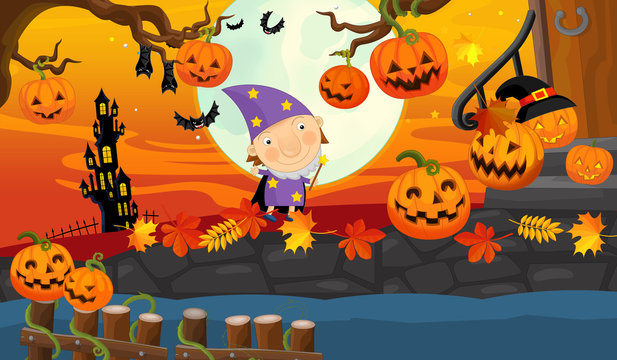 Cartoon halloween scene - illustration for the children