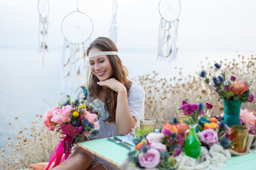 girl with a wedding bouquet boho style