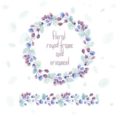 Round frame of flowers and some floral elements. Nice soft colors. Watercolor illustration. Greeting card. 