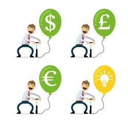 Vector pack of businessman pumping money balloon