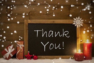 Obraz na płótnie Canvas Christmas Card, Blackboard, Snowflakes, Candles, Thank You