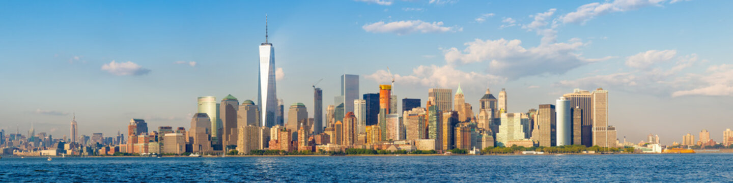 High resolution panoramic view of the downtown New York City skyline seen from the ocean