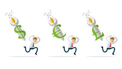 Vector pack of businessman with currency rocket down