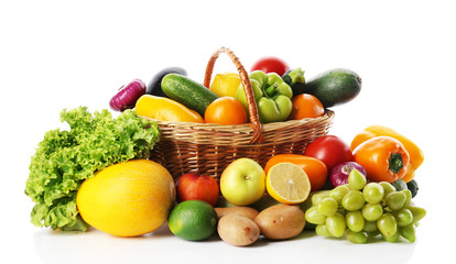 Fresh vegetables and fruits  isolated on white