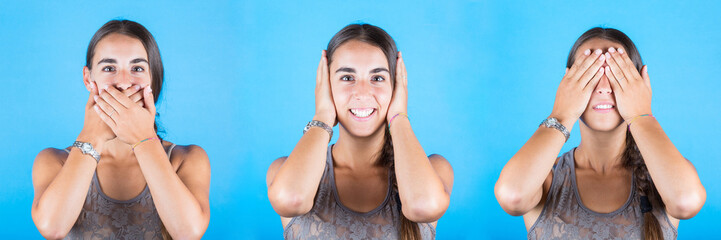 Young woman covering eyes, ears and mouth with her hands