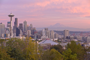 Seattle skyline at sunset Washington state.