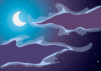 Vector illustration. The moon in the night sky with clouds.