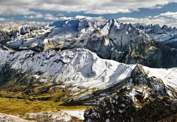 vew from Sass Pordoi to massif Marmolada, Dolomites Italy 
