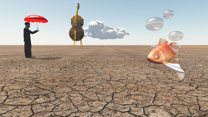 Man and oversized cello with floating fish in desert
