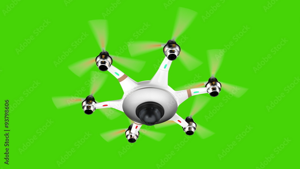 Poster drone with surveillance camera flying on green screen. seamless looping 3d animation.