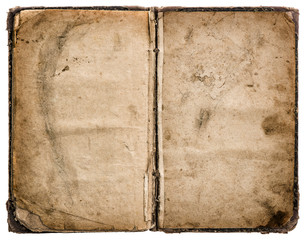 Old book isolated on white. Grungy worn paper texture