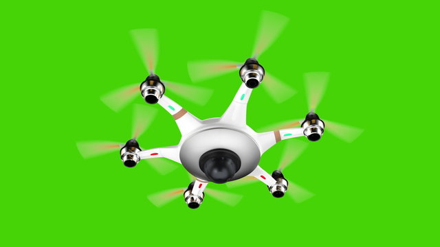 Drone with surveillance camera flying on green screen. seamless looping 3D animation.