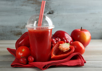Fresh juice mix fruit and vegetables, healthy drinks on wooden table background
