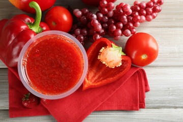 Fresh juice mix fruit and vegetables, healthy drinks on wooden table background