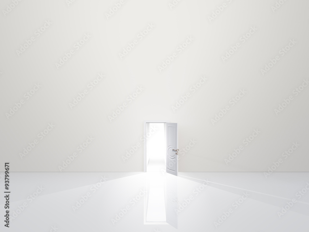 Wall mural single door in pure white space emaits light