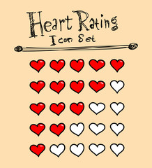 Heart Rating Icons, a hand drawn vector illustration of heart icons used for rating purposes.