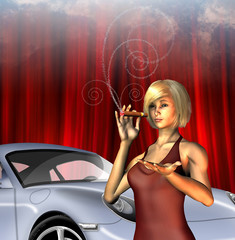 Wealthy Girl with sports car smoking cigar with text for smoke