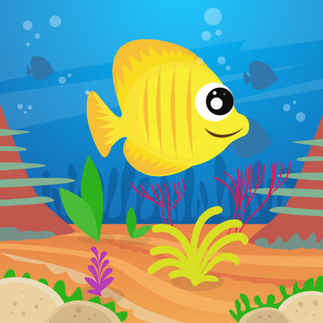 Yellow Cartoon Colorful Fish Under Deep Water Marine Ocean