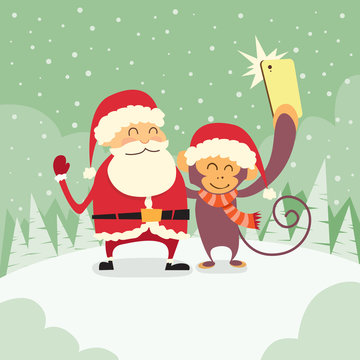 Santa Clause Christmas Monkey Cartoon Character Taking Selfie