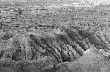 Badlands landscape, formed by deposition and erosion by wind and water, contains some of the richest fossil beds in the world, Badlands National Park, South Dakota, USA
