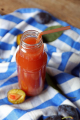 Plum Juice in a glass bottle with fresh fruits
