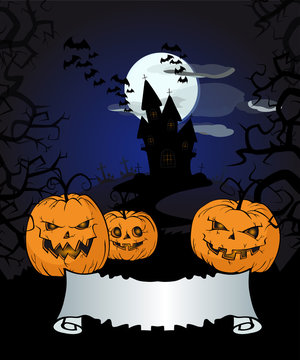 Halloween background with pumpkins, old castle, and  banner.