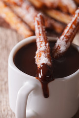 Spanish churros dipped in a hot chocolate macro. vertical
