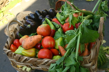 Fototapeta na wymiar морковь, помидоры, баклажаны в корзине.