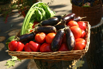 помидоры и баклажаны в корзине.