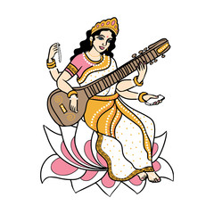 cartoon hindu goddess Saraswati sitting on the lotus in white sari. Greeting card for Navratri. for print posters, banner and postcard.