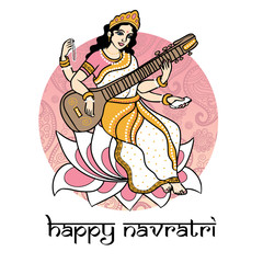 cartoon hindu goddess Saraswati sitting on the lotus in white sari. Greeting card for Navratri. for print posters, banner and postcard.