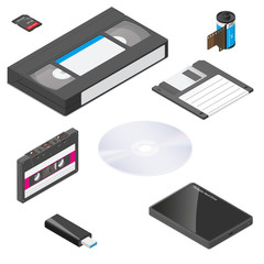 Obraz premium Storage media actual size proportions detailed isometric icon set