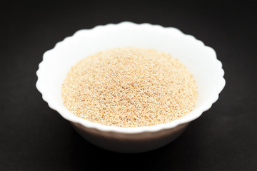 Organic White Poppy seed (Papaver somniferum) in white ceramic bowl on dark background.