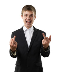man is showing finger and laughing