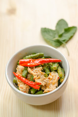 Spicy stir fried pork with red curry paste and Yard Long bean, T