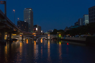 Fototapeta na wymiar Office buildings and Tosabori river at night, Osaka. 
