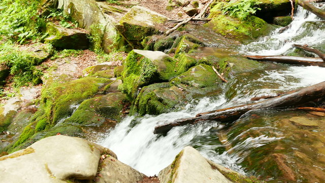 
Mountain waterfall, stream and green wood .  Panorama in 4K 3840x2160. 
