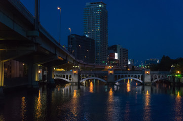 Office buildings and Tosabori river at night, Osaka. 