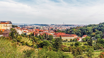 Fototapeta na wymiar Panorama of Prague, the capital of the Czech Republic on the Vltava River, home to many attractions including the Prague Castle, the Charles Bridge and Old Town Square.